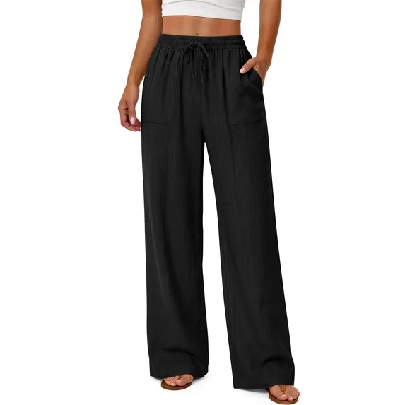 Fantaslook Linen Wide Leg Pants for Women Flowy Palazzo Drawstring Elastic Waist Trousers with Pockets Summer Beach Vacation Clothes