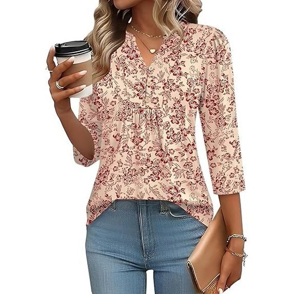 Fantaslook 3/4 Sleeve Plus Size Tops for Women Henley V Neck Button Blouses Dressy Floral Tunic Work Shirts L-5XL