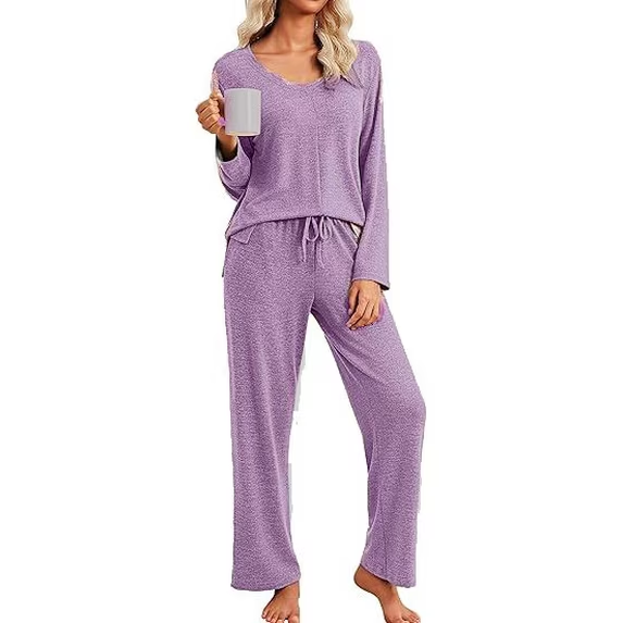 Fantaslook Soft Pajamas for Women Set Side Slits Long Sleeve Sleepwear 2 Piece Lounge Sets with Pockets