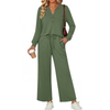Fantaslook Fall Fashion Two Piece Lounge Sets for Women Henley V Neck Vacation Travel Outfit Casual Wide Leg Pants Matching Sets Women Clothing