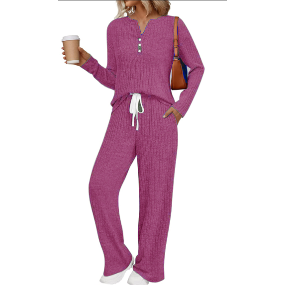Fantaslook Two Piece Lounge Sets for Women Fall Travel Outfits Henley Neck Sweater tops Wide Leg Pants Matching Sets Pajamas Clothes