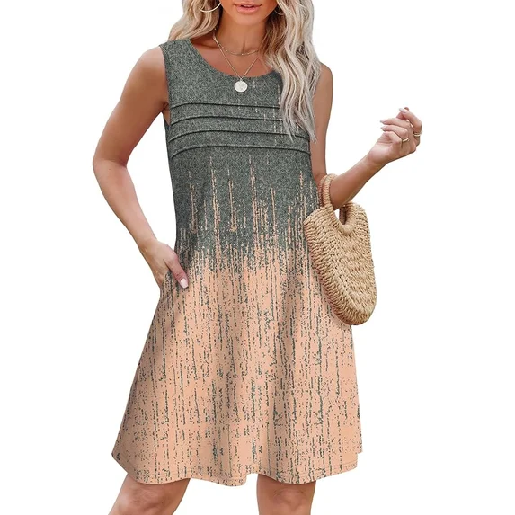 Fantaslook Pleated Tank Dresses for Women Fashion Summer Sleeveless Sundress Casual Beach Dress with Pockets