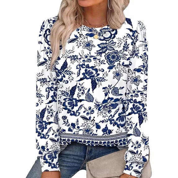Fantaslook Plus Size Womens Long Sleeve Shirts Fall Tunic Tops Casual Crewneck Floral Blouses