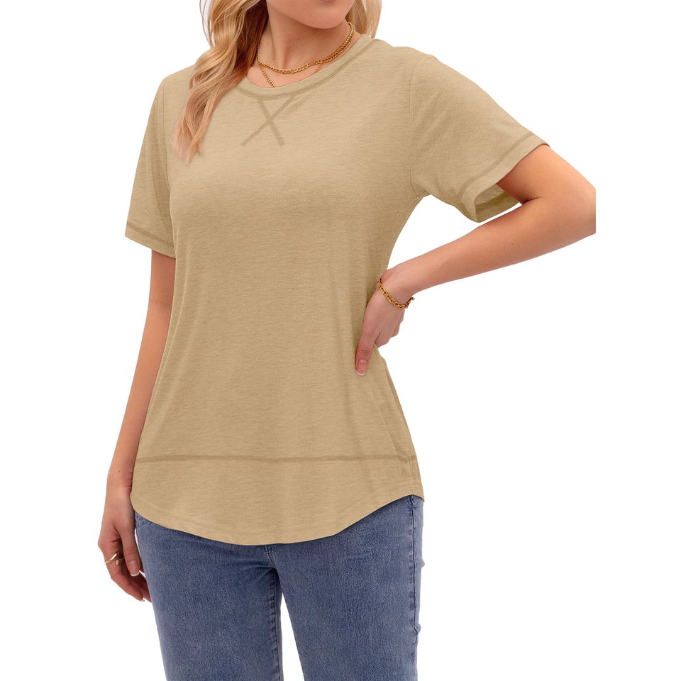 Fantaslook Short Sleeve Shirts for Women Curved Hem Tunic Tops Casual T Shirt Basic Tees