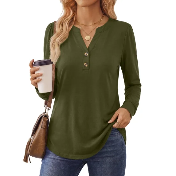 Fantaslook V Neck Henley Blouses for Women Dressy Fall Tops Long Sleeve Shirts Fashion Clothes