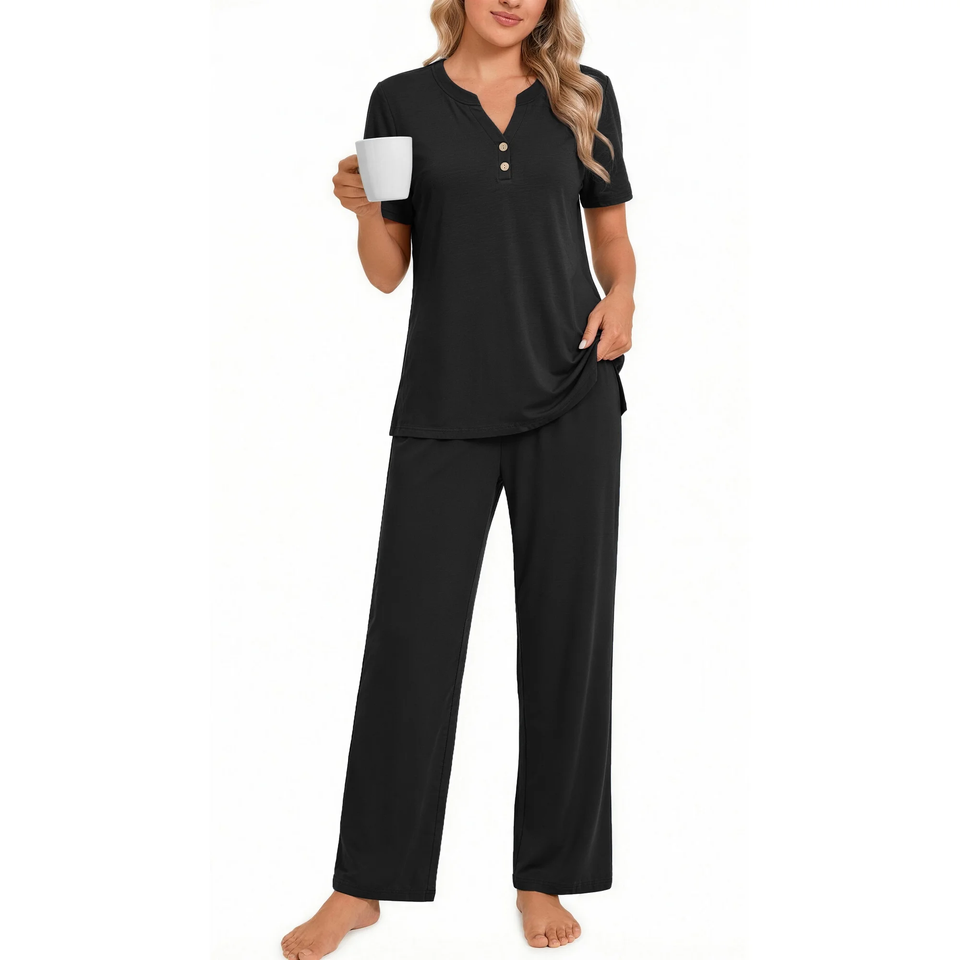 Fantaslook Womens Pajamas Sets V Neck Buttons Short Sleeve Top and Pant with Pockets Lounge Wear Set Outfits
