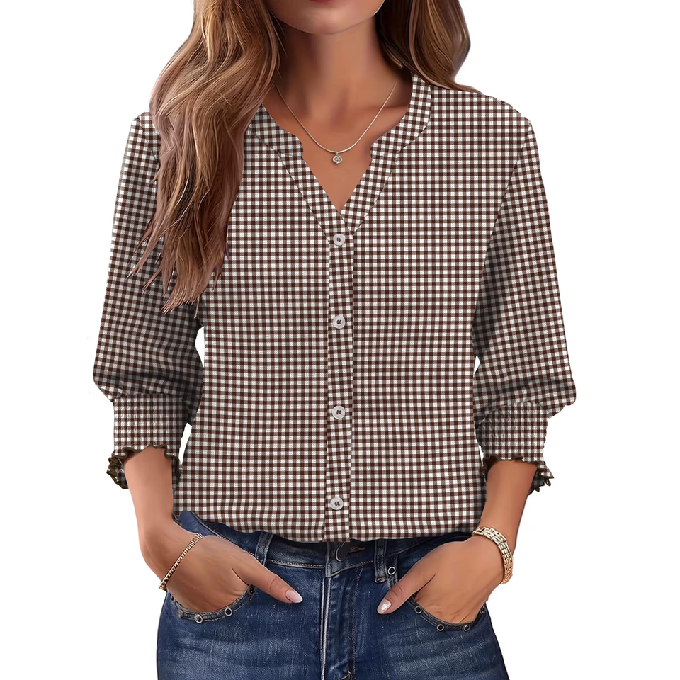 Fantaslook Plaid Button Down Shirts for Women 3/4 Sleeve V neck Work Shirt with Smocked Cuffs Dressy Cotton Blouses Tops