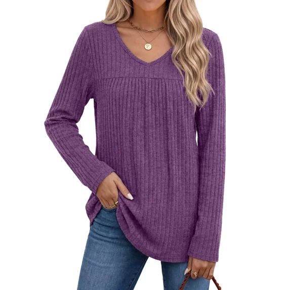Fantaslook Long Sleeve Shirts for Women V Neck Lightweight Sweaters Casual Fall Tunic Tops Fashion Spring Clothes