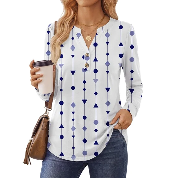 Fantaslook V Neck Henley Blouses for Women Dressy Fall Tops Long Sleeve Shirts Fashion Clothes