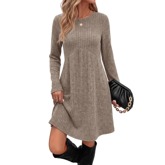 Fantaslook Fall Long Sleeve Dresses for Women Crew Neck Empire Waist Tunic Dress with Pockets Sweater Dress