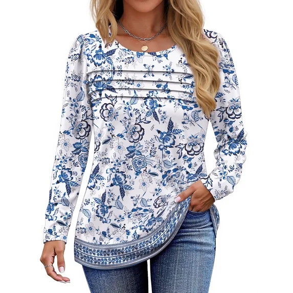 Fantaslook Long Sleeve Shirts for Women Fall Dressy Casual Blouses Fashion Pleated Tunic Tops