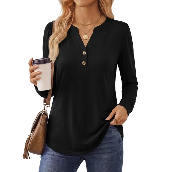 Fantaslook V Neck Henley Blouses for Women Dressy Fall Tops Long Sleeve Shirts Fashion Clothes