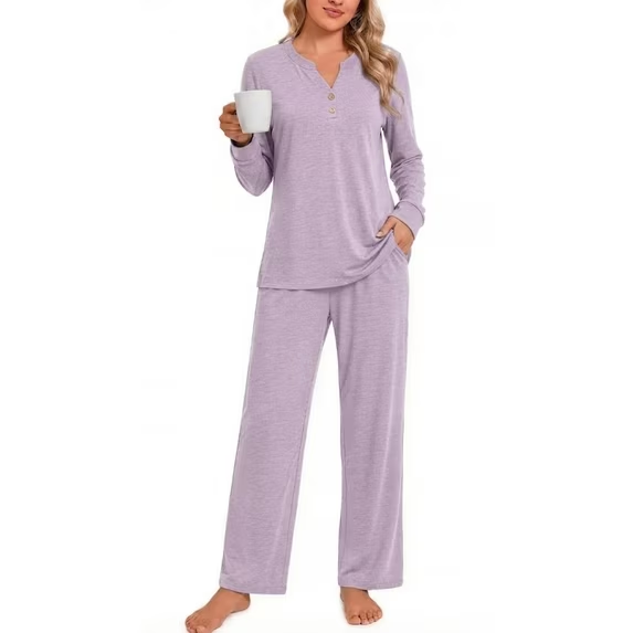 Fantaslook Women Pajamas Sets Long Sleeve V Neck Buttons Outfits and Casual Wide Leg Pants Lounge 2 Piece Sets withe Pockets
