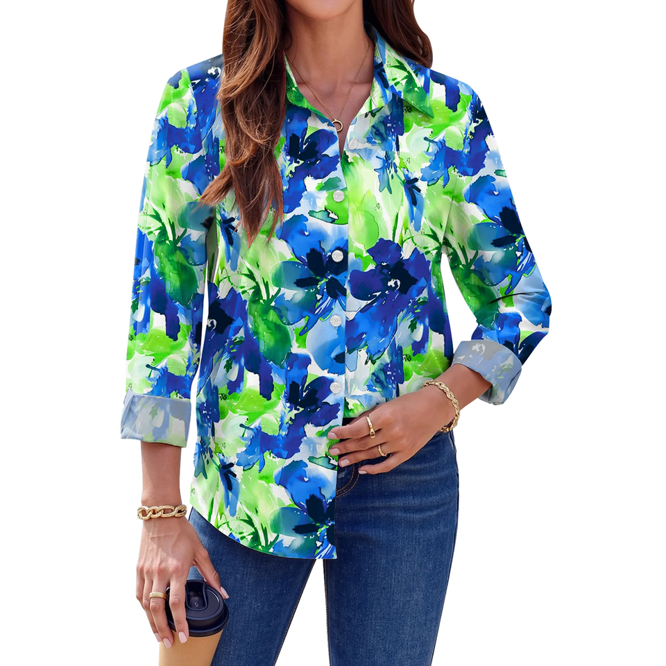 Fantaslook Womens Button Down Shirts Boho Floral Printed Long Sleeve Blouses Business Work Shirt Dressy Casual Loose Tops