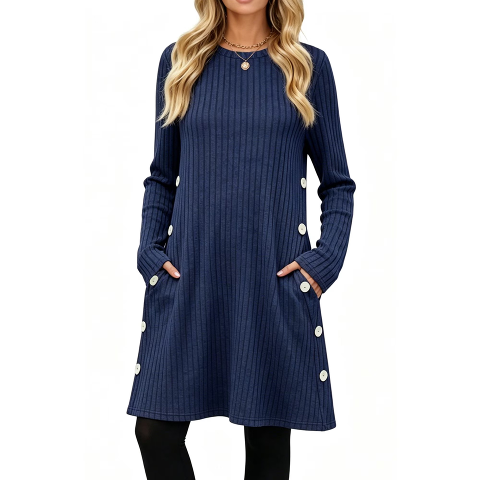Fantaslook Long Sleeve Womens Dresses Crew Neck Buttons Tunic Dress with Pockets