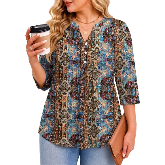 Fantaslook 3/4 Sleeve Plus Size Tops for Women Henley V Neck Button Blouses Dressy Floral Tunic Work Shirts L-5XL
