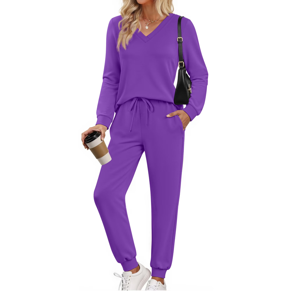 Fantaslook Two Piece Sets for Women Fall Outfits Fashion Lounge Sets V Neck Tops and Jogger Pants Tracksuit Vacation Travel Outfits