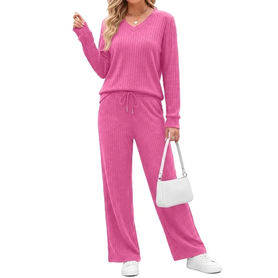 Fantaslook Two Piece Lounge Sets for Women Vacation Travel Fall Outfits V Neck Tops Wide Leg Pants Matching Sets Women Clothing