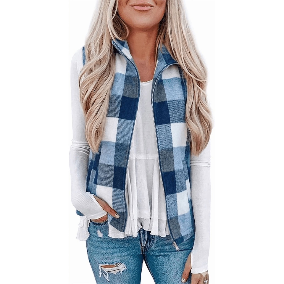 Fantaslook Women Plaid Outwear Vest Lightweight Sleeveless Jackets Zipper Fall Winter Coats with Pockets