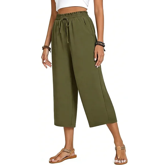 Fantaslook Women Capri Pants Wide Leg High Waisted Drawstring Capris Summer Casual Linen Cropped Pants with Pockets