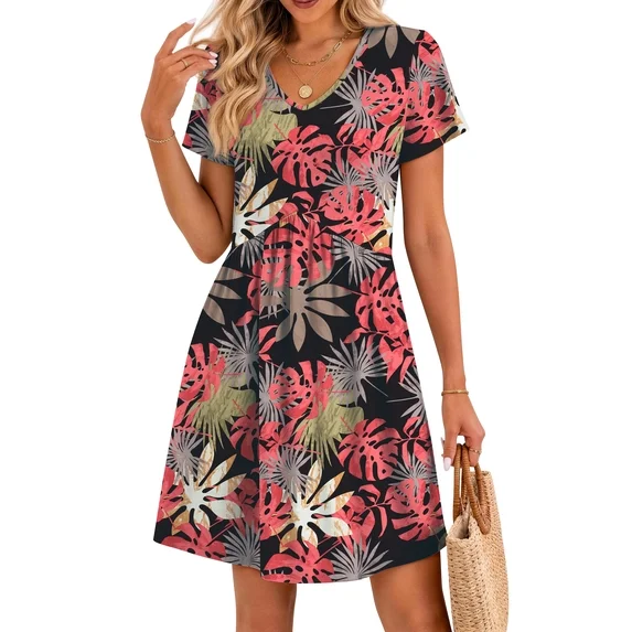 Fantaslook Summer Dresses for Women Casual Short Sleeve V Neck Babydoll Dress Fashion Vacation Mini Dress with Pockets