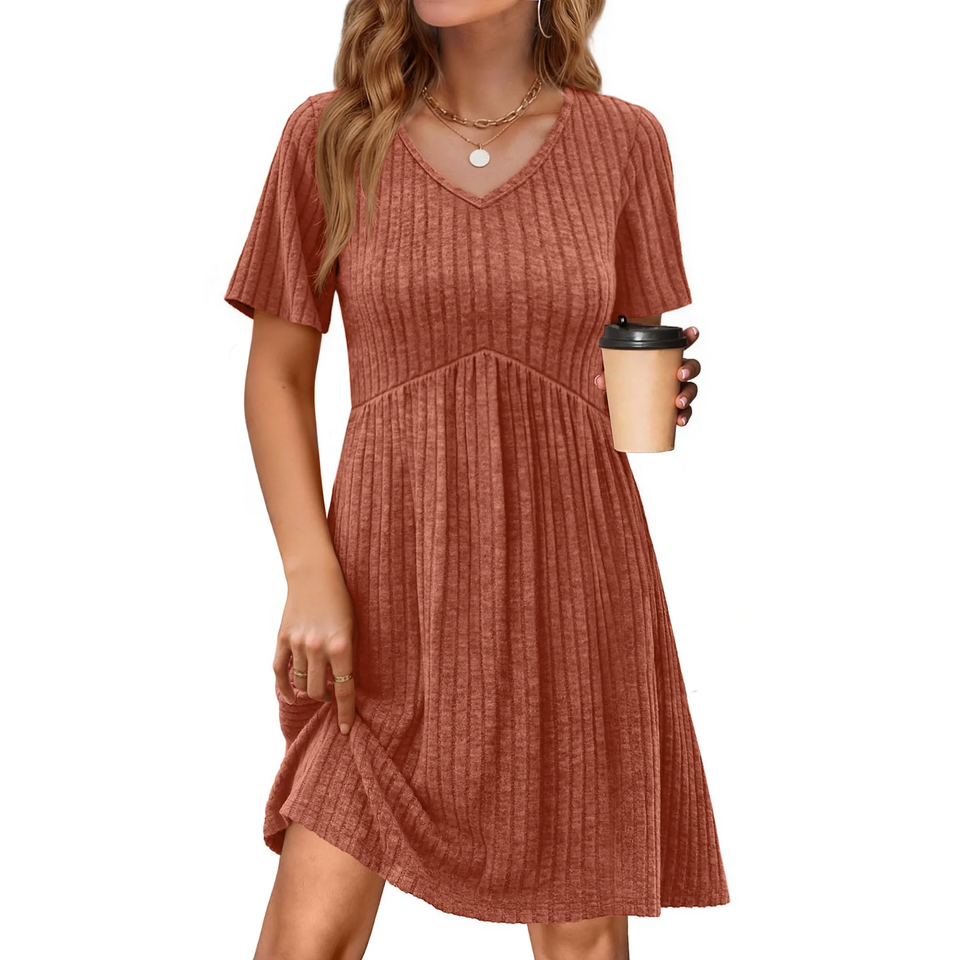 Fantaslook Short Sleeve Dresses for Women V Neck Summer Midi Dresses Empire Waist Tunic Casual Dress with Pockets