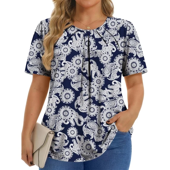 Fantaslook Dressy Blouses for Women Pleated Short Sleeve Tunic Tops Casual Floral Shirts