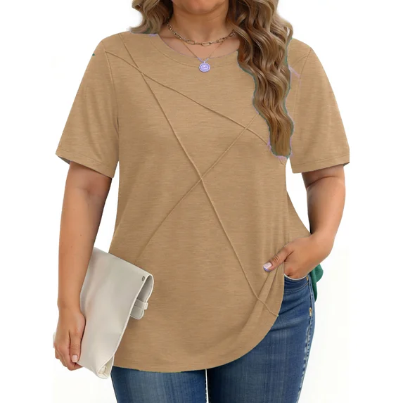 Fantaslook Women Plus Size Tops Pleated Crewneck Short Sleeve Shirts Casual Summer Tops