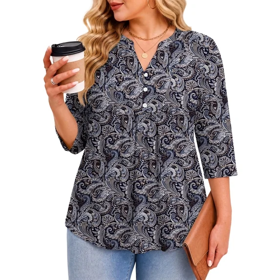 Fantaslook 3/4 Sleeve Plus Size Tops for Women Henley V Neck Button Blouses Dressy Floral Tunic Work Shirts L-5XL