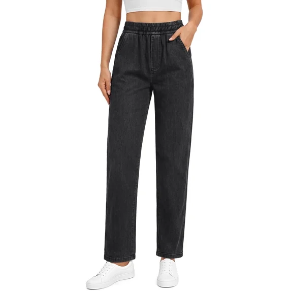 Fantaslook Pull On Jeans for Women Straight Leg Casual Pants Elastic Waist Denim Pants with Pockets