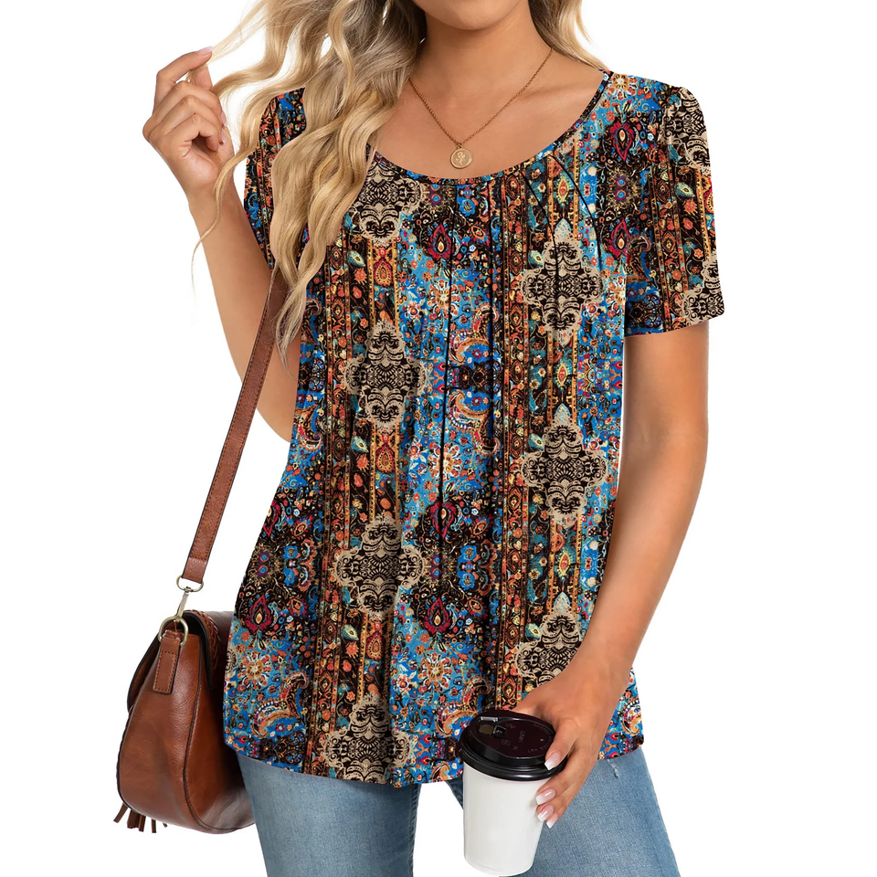 Fantaslook Dressy Blouses for Women Pleated Short Sleeve Tunic Tops Casual Floral Shirts