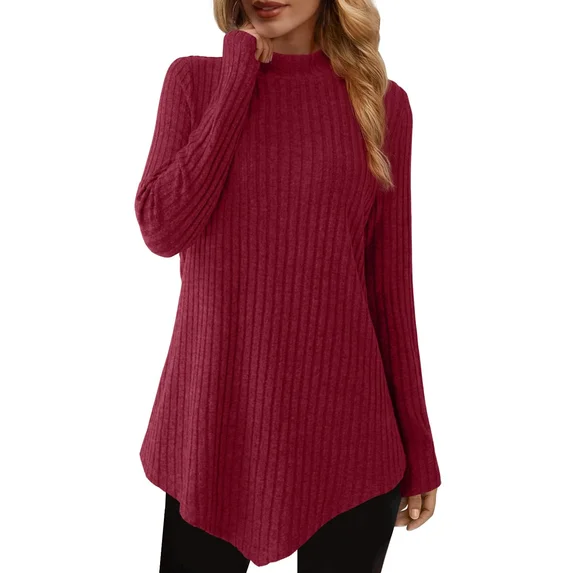 Fantaslook Mock Turtleneck Sweaters for Women Dressy Long Sleeve Pullover Fall Tunic Tops Asymmetrical Hem Soft Sweaters