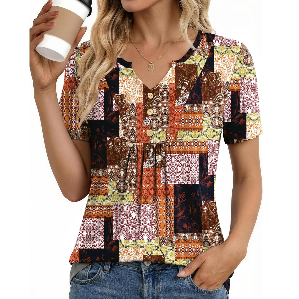 Fantaslook Womens Tunic Tops Casual Short Sleeve Shirts V Neck Button Pleated Blouses Floral Summer Tops