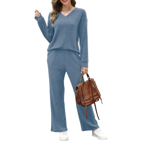 Fantaslook Two Piece Lounge Sets for Women Vacation Travel Fall Outfits V Neck Tops Wide Leg Pants Matching Sets Women Clothing