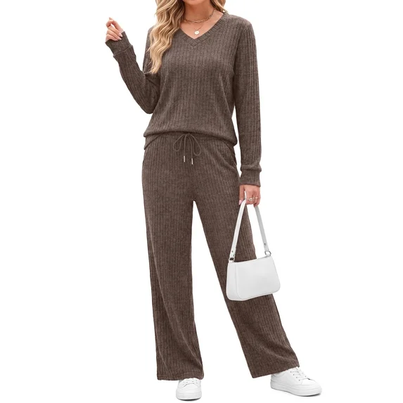 Fantaslook Two Piece Lounge Sets for Women Vacation Travel Fall Outfits V Neck Tops Wide Leg Pants Matching Sets Women Clothing
