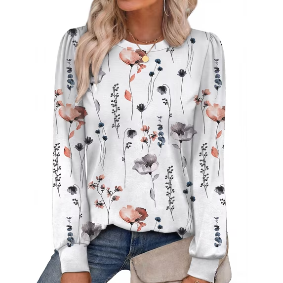 Fantaslook Plus Size Womens Long Sleeve Shirts Fall Tunic Tops Casual Crewneck Floral Blouses