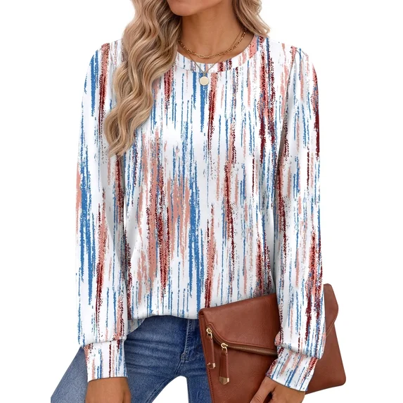 Fantaslook Womens Long Sleeve Shirts Fall Tunic Tops Casual Crewneck Floral Blouses