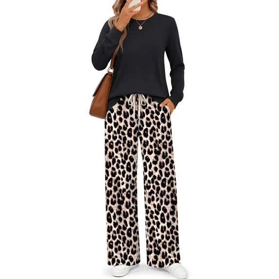 Fantaslook Long Sleeve Two Piece Sets for Women Wide Leg Pants Lounge Sets Fall Vacation Travel Outfits Fashion Boho Matching Sets