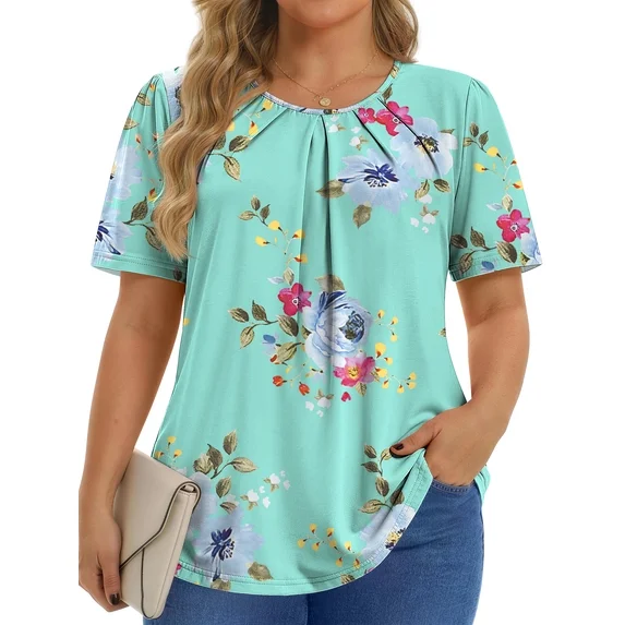 Fantaslook Dressy Blouses for Women Pleated Short Sleeve Tunic Tops Casual Floral Shirts
