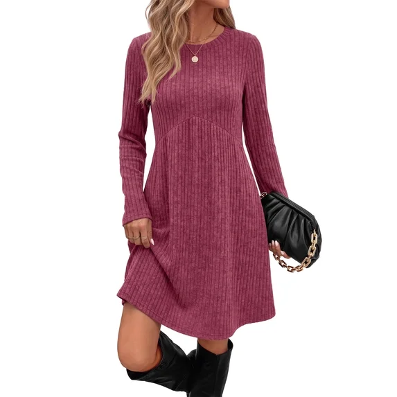 Fantaslook Fall Long Sleeve Dresses for Women Crew Neck Empire Waist Tunic Dress with Pockets Sweater Dress