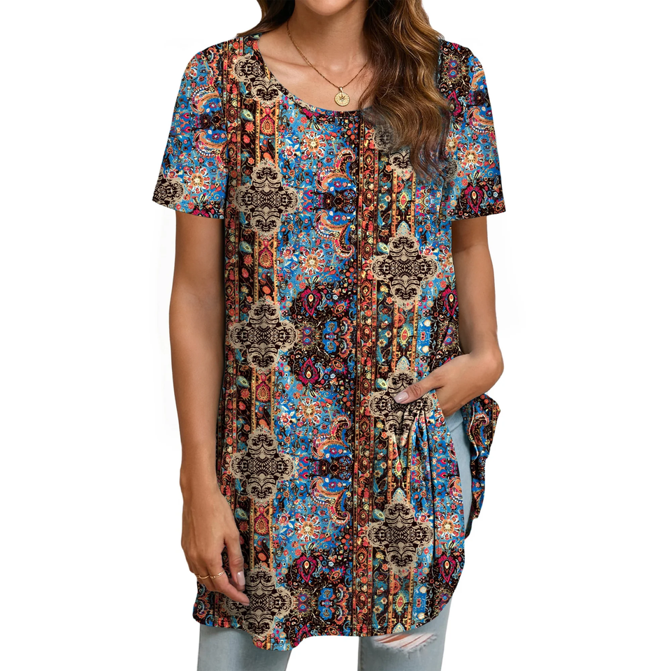 Fantaslook Plus Size Womens Tunic Tops Short Sleeve Casual Floral Shirts Swing Flare Dressy Blouses