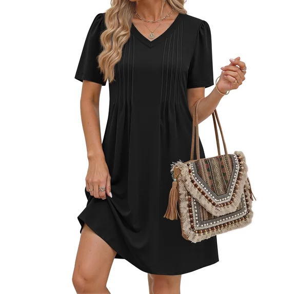 Fantaslook Summer Dresses for Women Short Sleeve Pleated V Neck Dress A Line Casual Tunic Dresses with Pockets