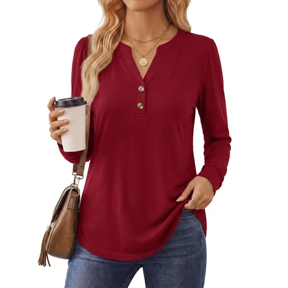 Fantaslook V Neck Henley Blouses for Women Dressy Fall Tops Long Sleeve Shirts Fashion Clothes