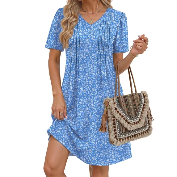 Fantaslook Summer Dresses for Women Short Sleeve Pleated V Neck Dress A Line Casual Tunic Dresses with Pockets