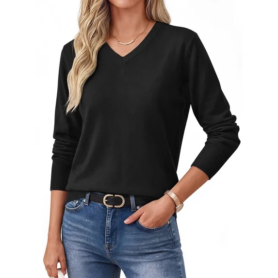 Fantaslook Knit Sweater for Women Long Sleeve V Neck Fall Tops Trendy Lightweight Pullover Work Shirts