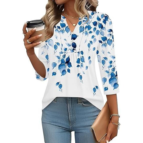 Fantaslook 3/4 Sleeve Plus Size Tops for Women Henley V Neck Button Blouses Dressy Floral Tunic Work Shirts L-5XL