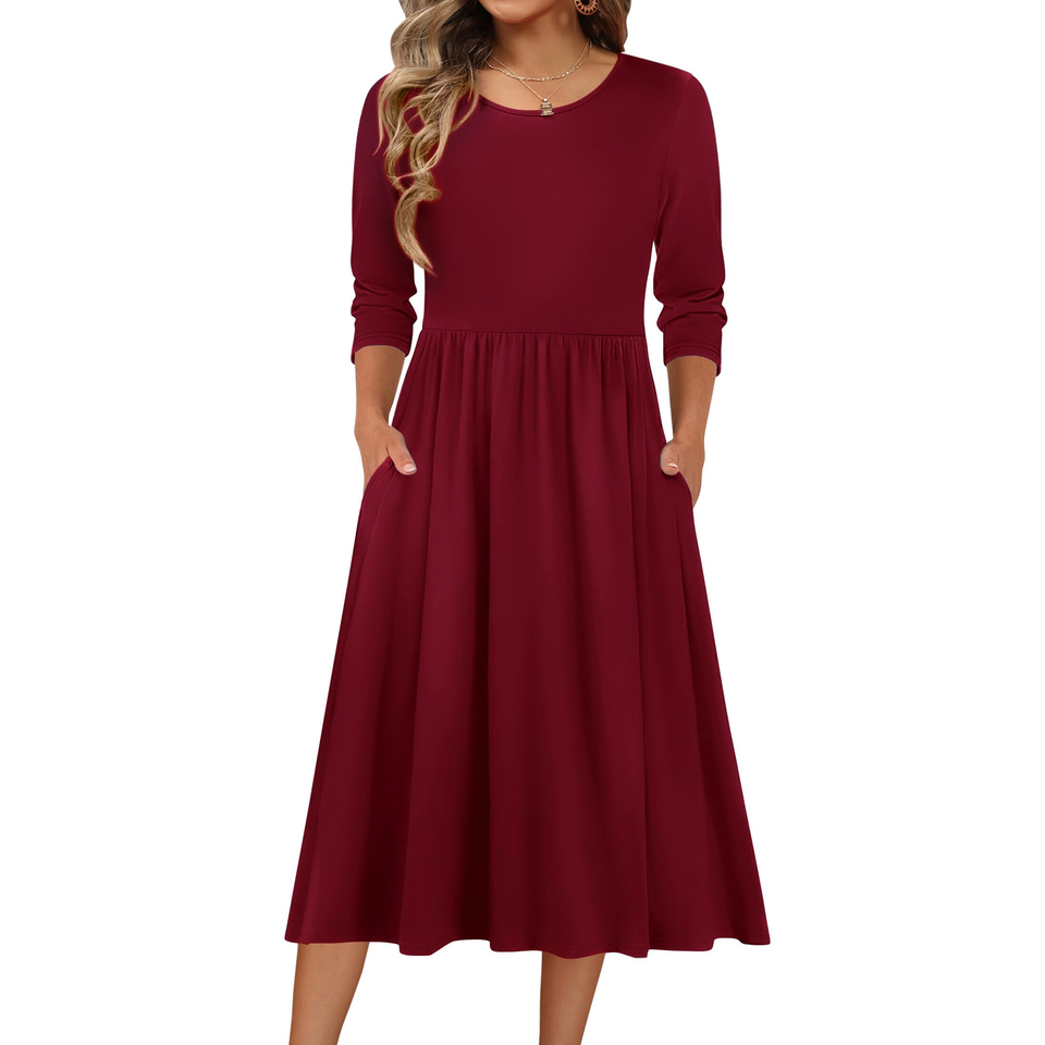 Fantaslook Fall Dresses for Women Smocked 3/4 Sleeve Dress Floral Midi Casual Dresses with Pockets