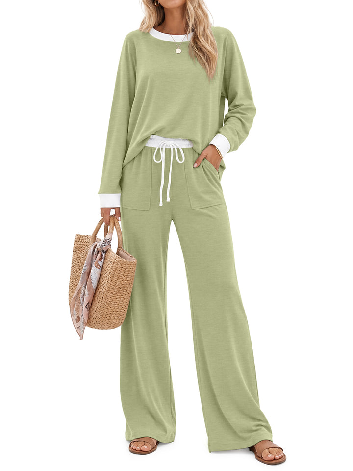Fantaslook Color Block Pajamas for Women Crew Neck Tops Long Loungewear Pants Spliced 2 Piece Outfits Sets with Pockets