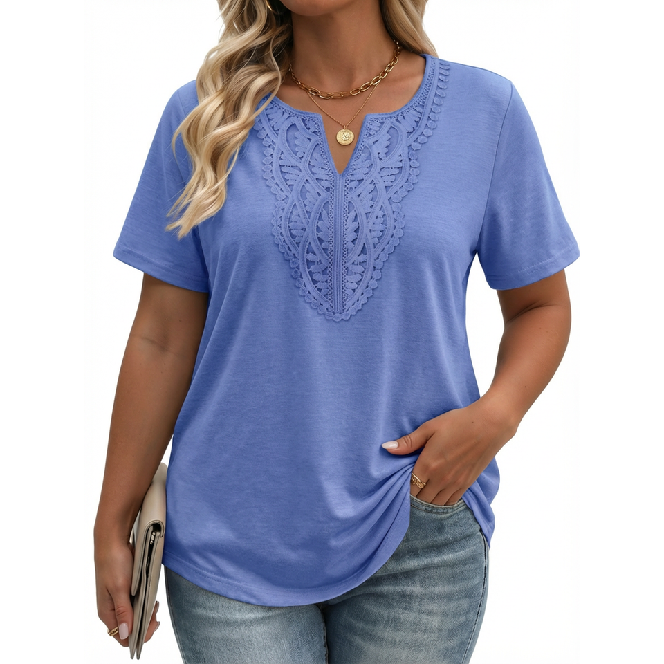 Fantaslook Lace Plus Size Tops for Women V Neck Short Sleeve Blouses Summer Tunic Shirts