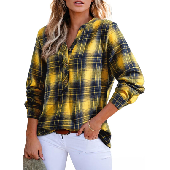 Fantaslook Womens Plaid Shirts Flannel Button Down Shirts Business Casual Long Sleeve Tops Dressy V Neck Blouses